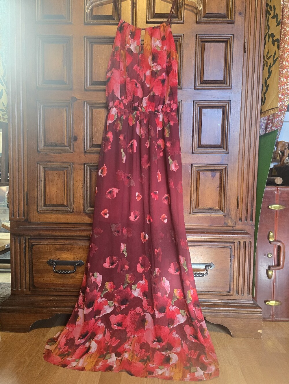 FATE. Petite PM Burgundy Floral Chiffon Halter Maxi Dress Long Lined Watercolor
